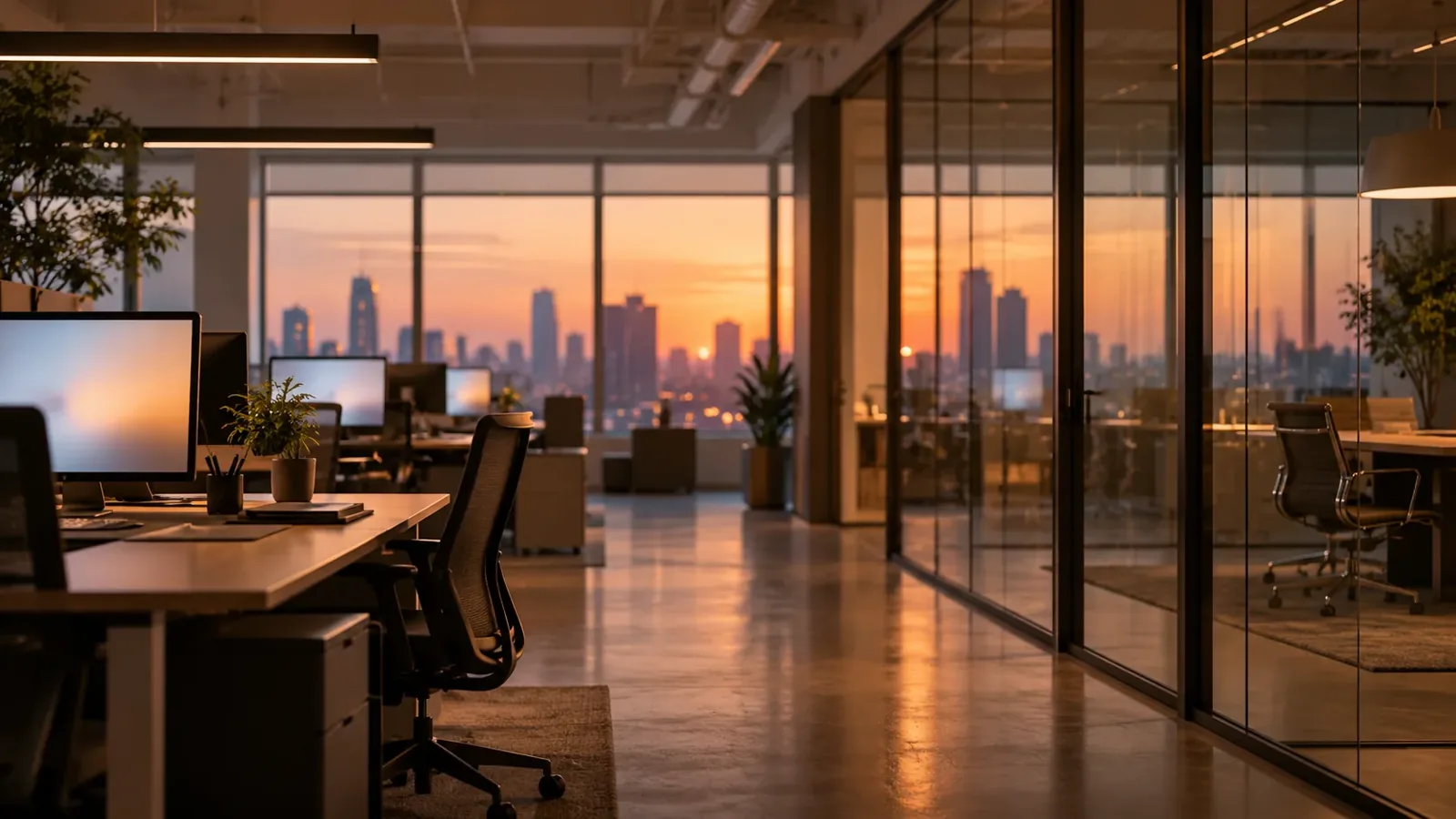 Bureaux vides et écrans diffus derrière une cloison vitrée.