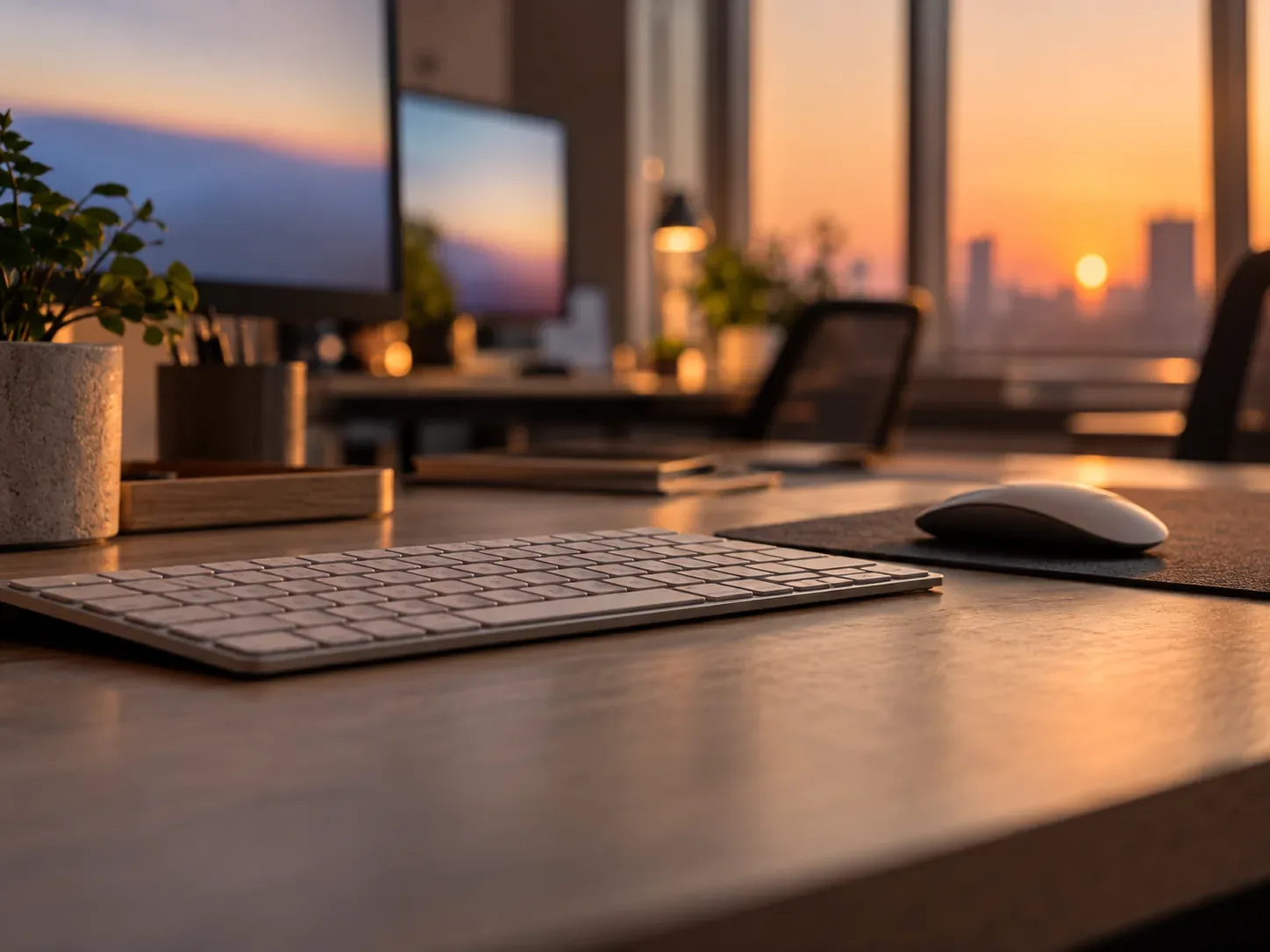 Poste de travail et moniteurs flous dans un bureau en soirée.